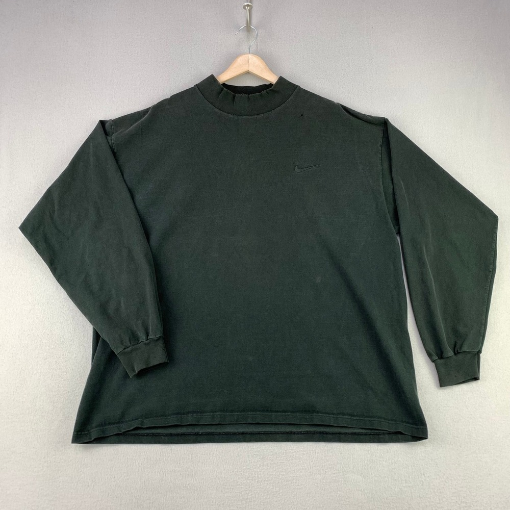 VTG 80s Nike T-Shirt Mens XL Black Faded Thick Mock Neck Swoosh Long Sleeve USA
